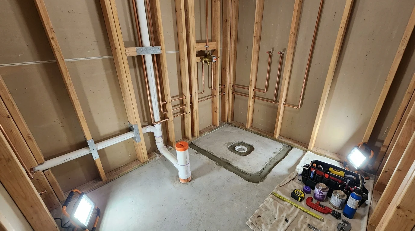 Bathroom rough-in plumbing during remodel by Johns Plumbing LLC in Duson