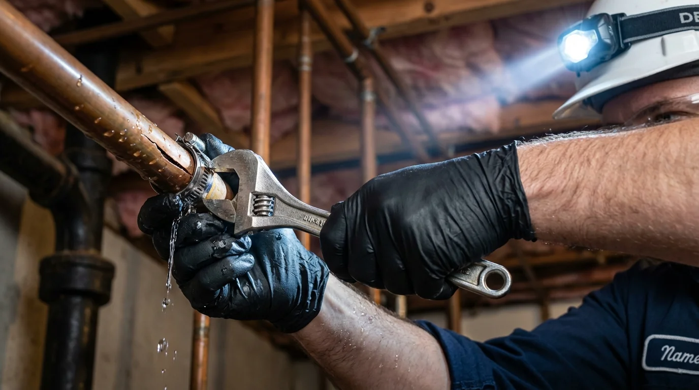 Emergency pipe clamp repair being performed by a Johns Plumbing LLC plumber in Duson