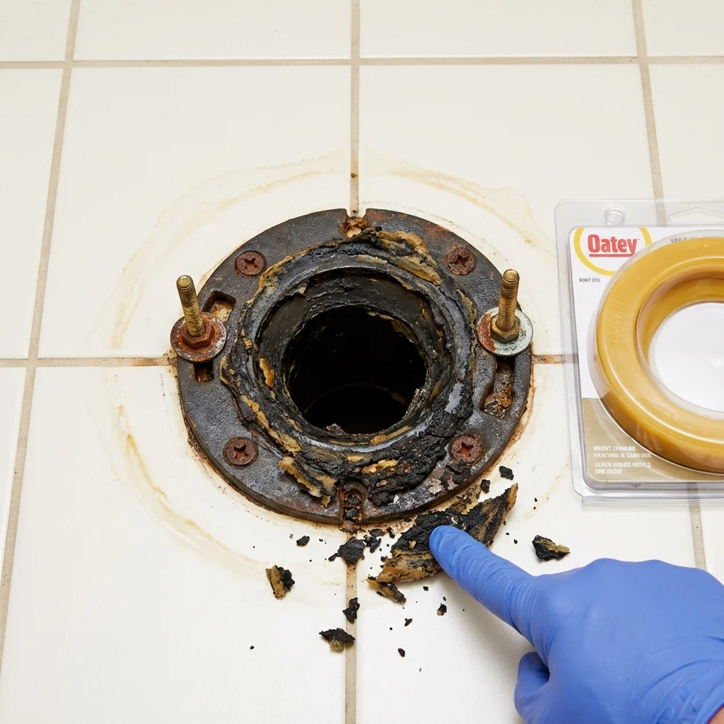 Failed wax ring showing water seepage at the base of a toilet in a Duson, LA home
